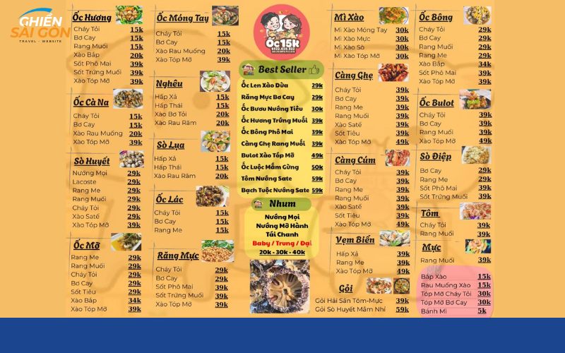 Quán Ốc 15K Quận 10 menu nhiều món, giá bình dân cho nhóm bạn trẻ 8 ốc 15k quận 10